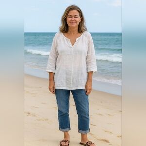 Elaine Kim Large Coastal White 100% Linen Blouse Beach Casual Vacation Classic